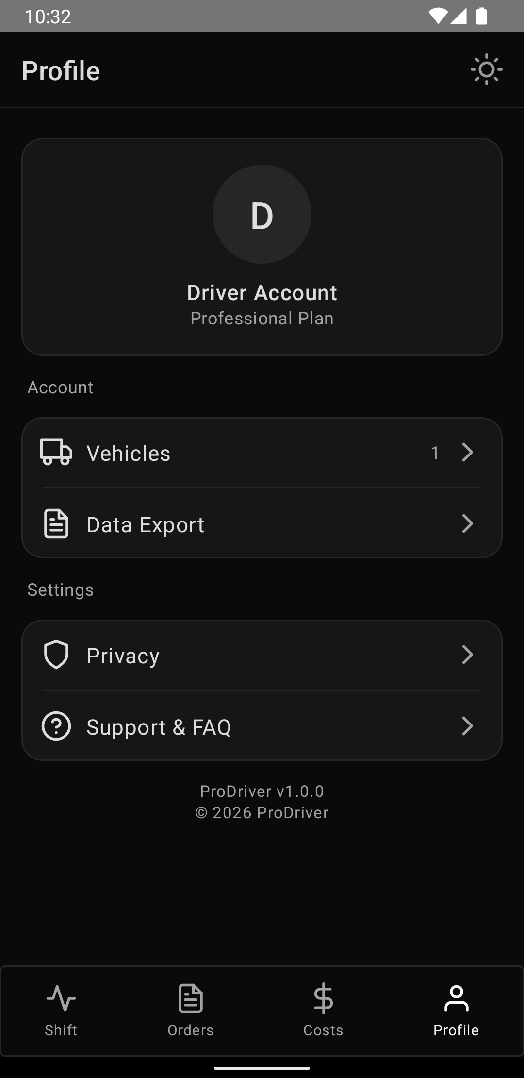 EffiCab mobile profile screen