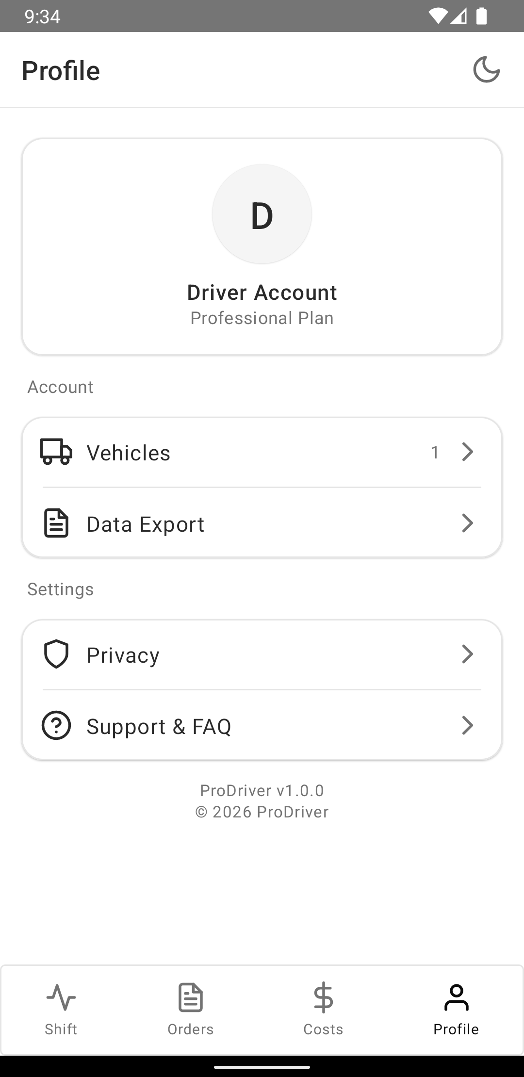 EffiCab mobile profile screen