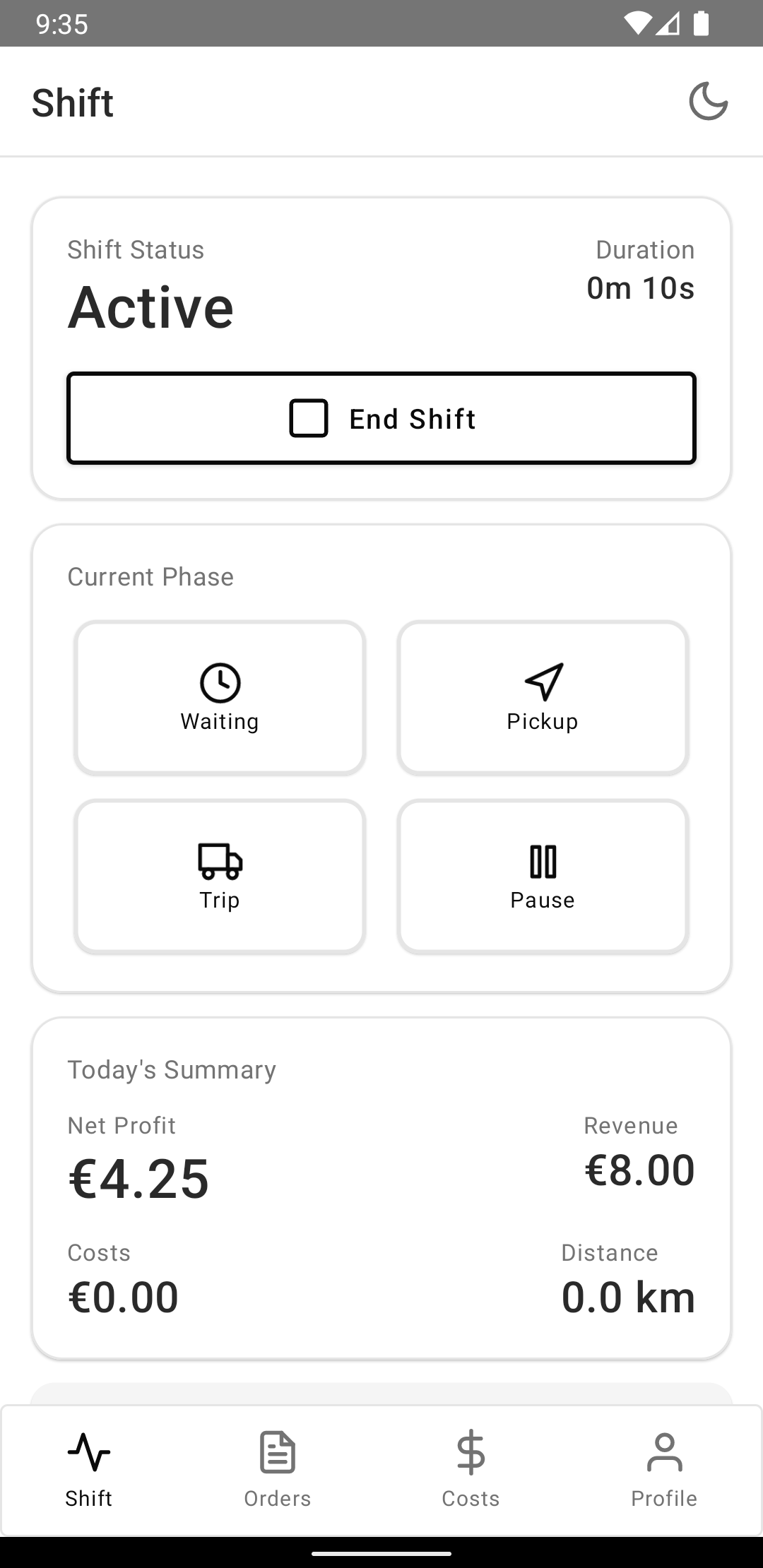 EffiCab mobile shift screen